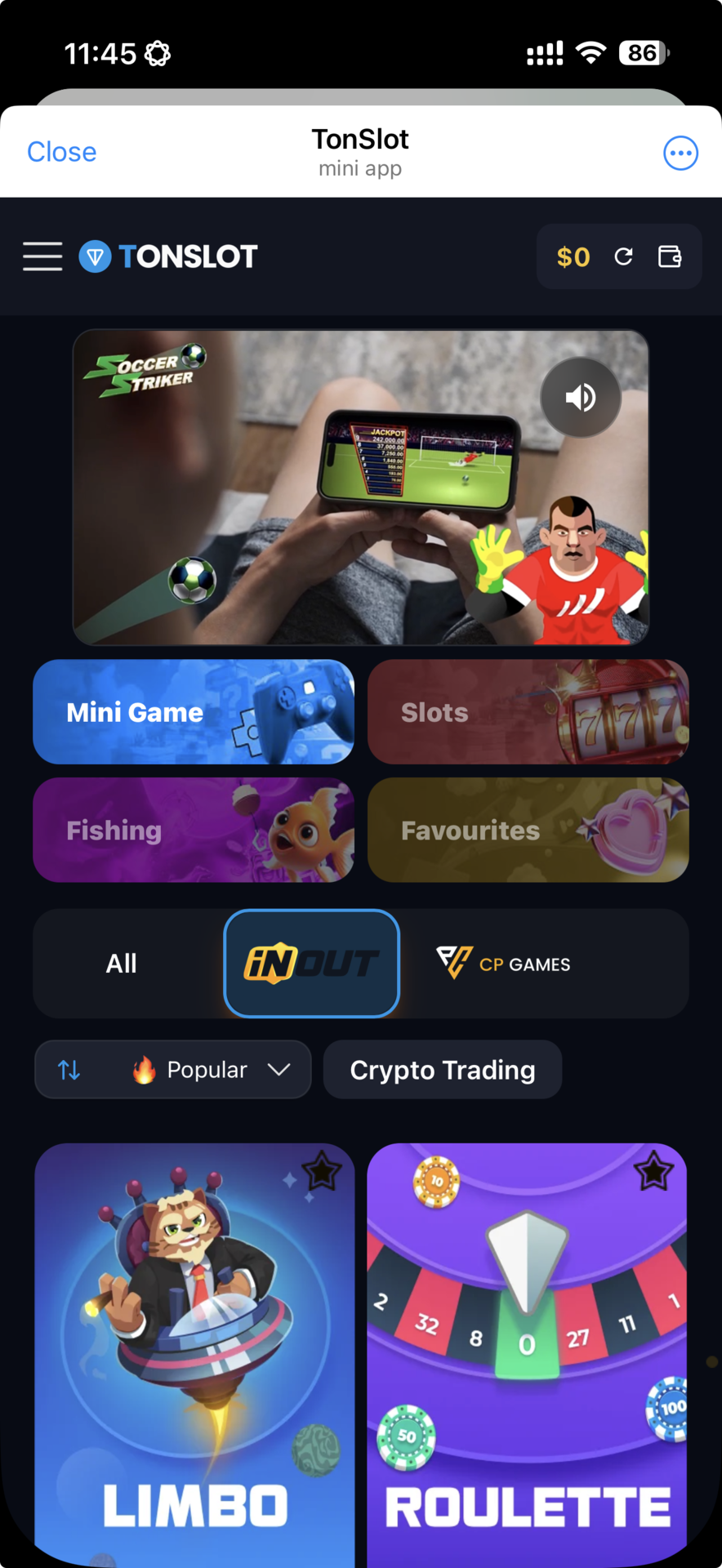 TonSlot Game Interface - Slots, Limbo, Roulette Games on Telegram